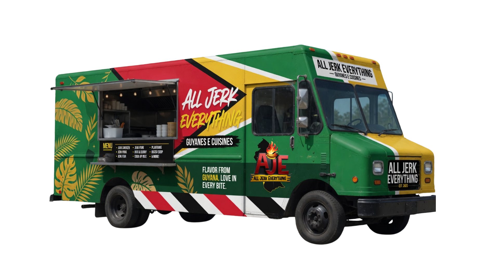 AJE food truck wrapped in Guyanese flag colors